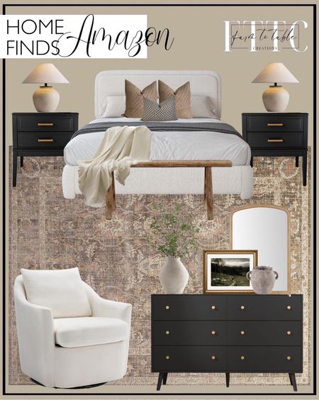 Amazon Home Finds.   Follow @farmtotablecreations on Instagram for more inspiration.

Dresser for Bedroom, Modern Black Dresser with 6 Drawers, Wide Chest of Drawers with Gold Handles. Queen Bed Frame with Headboard, Boucle Upholstered Platform Bed Frame, Modern Style. Loloi Chris Loves Julia x Rosemarie Collection ROE-01 Area Rug 6'-3" x 9' Sage/Blush Rectangular. HOMECOOKIN Wood Arched Mirror. Artissance Vintage Noodle, Weathered Natural Wood Bench. ARPEOTCY Vintage Gold Framed Wall Art. COLAMY Swivel Armchair Barrel Chair, Upholstered Round Accent Chair. PURESILKS Farmhouse Rustic Table Lamp, Modern White Ceramic Table Lamp. Vase Small Black Transitional Ceramic. Signature Design by Ashley Hannela 12" Modern Distressed Polyresin Vase, Antique Tan. Ruidazon 2 pcs Artificial Greenery Stems, 41.3’’ Tall Fake Plants Branches Faux Greenery. Simple&Opulence Cotton Muslin Throw Blanket for Bed. Canyon Theory Hand Block Print Organic Linen 20x20 Inch Throw Pillow Cover: Indoor Outdoor Sustainable Handmade Vintage Decorative Cushion Cover (Peyton). Canyon Theory Hand Block Print Organic Linen 14x20 Inch Lumbar Throw Pillow Cover: Indoor Outdoor Sustainable Handmade Vintage Decorative Cushion Cover (Birdie). Amazon Bedroom Finds. Amazon Home. Amazon Home Finds. Amazon Prime. Affordable Decor. 

#LTKhome #LTKsalealert #LTKfindsunder50