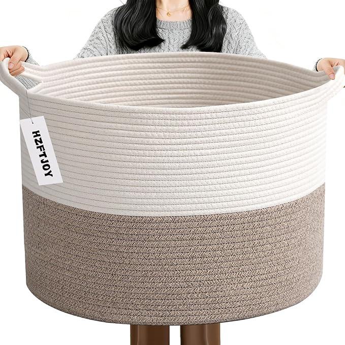65L Large Woven Cotton Rope Blanket Basket with Handles, Laundry Hamper Storage Bin for Pillows, ... | Amazon (US)