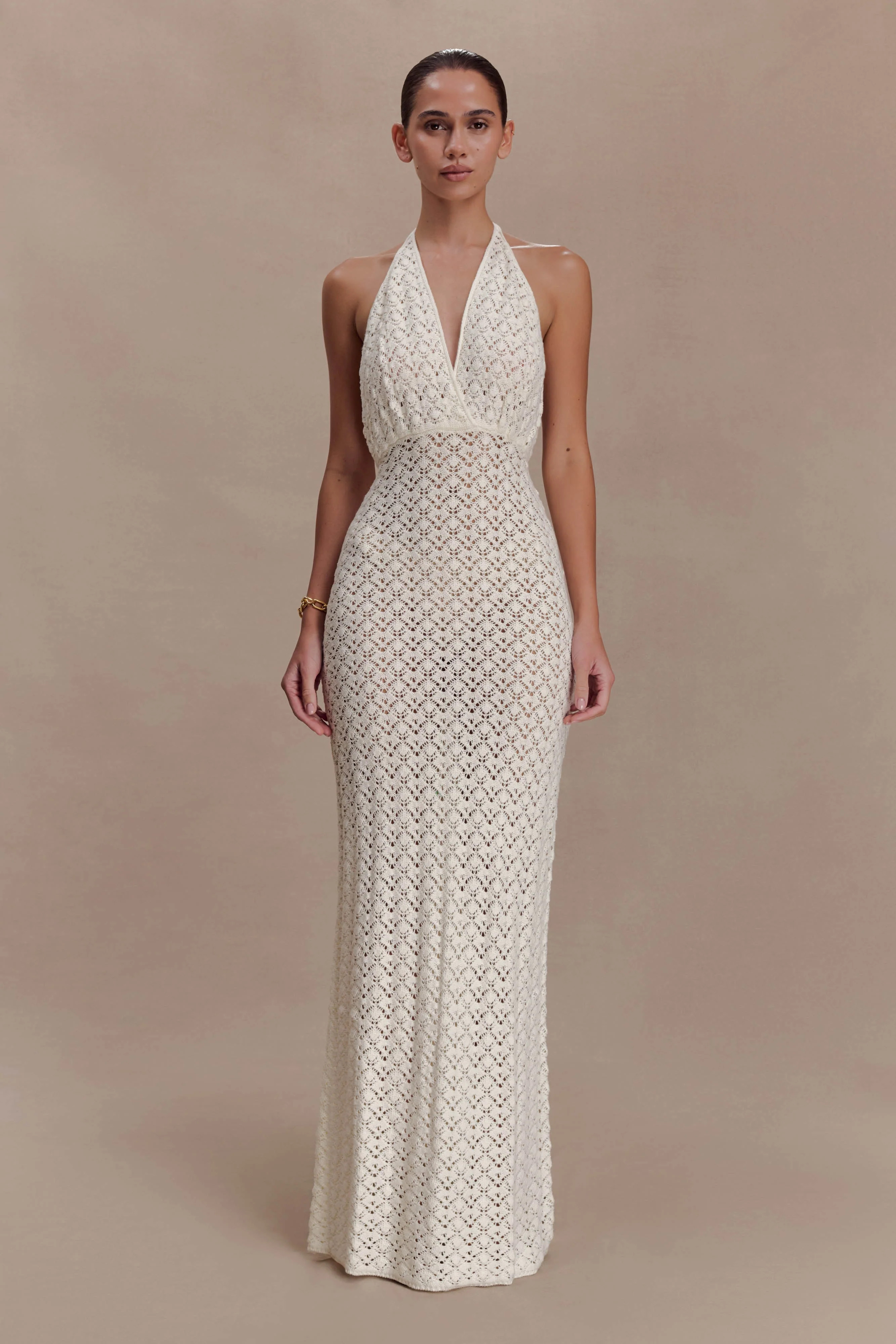Deeliah Halterneck Crochet Maxi Dress - Ivory | MESHKI US