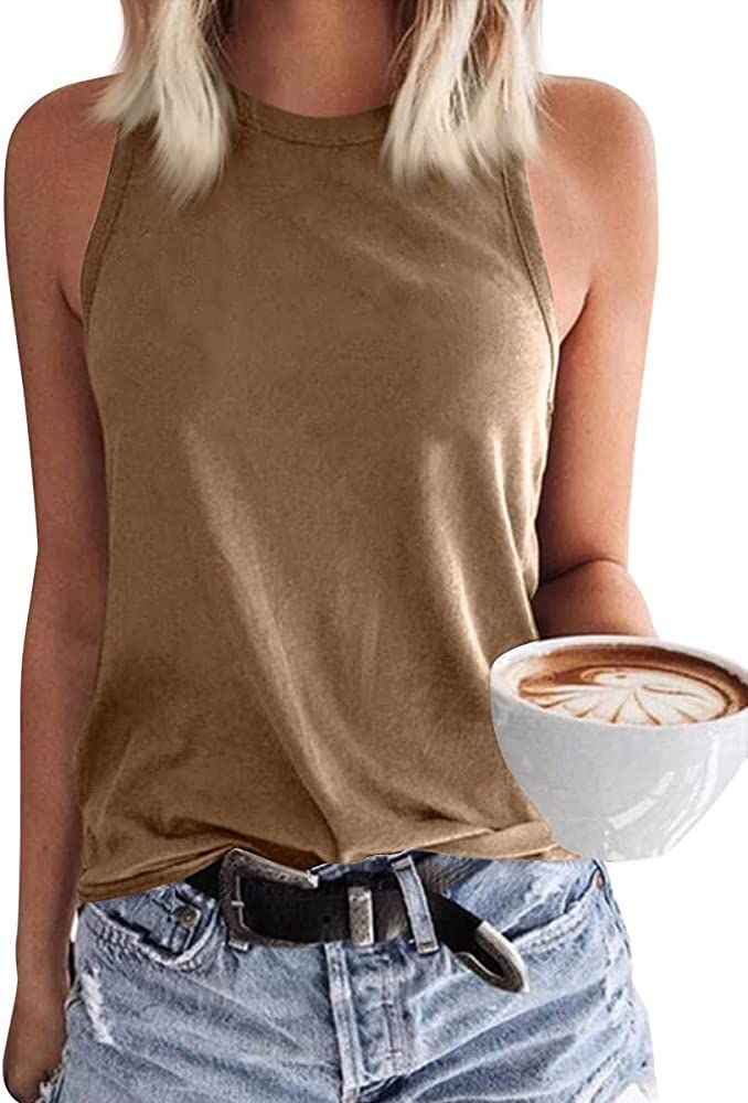 Langwyqu Womens Crewneck Sleeveless Tank Tops Summer Casual Loose Fit Basic Shirts | Amazon (US)