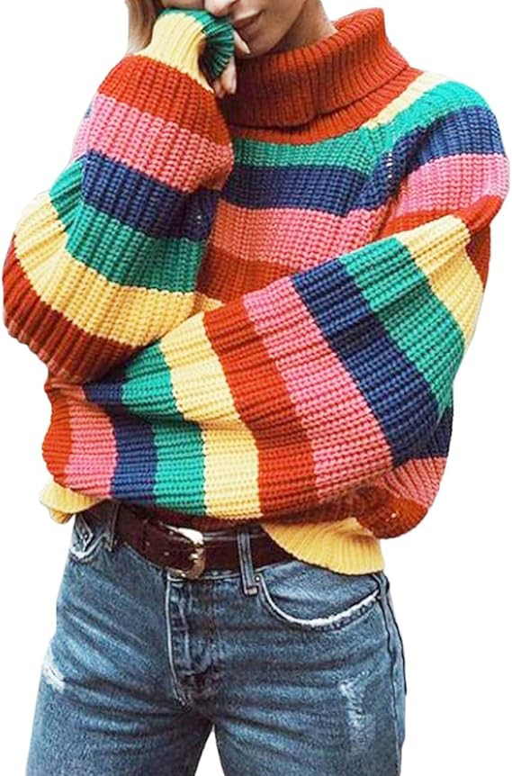 xxxiticat Women's Striped Turtleneck Sweater Long Sleeve Solid Color Block Rainbow Colorful High ... | Amazon (US)
