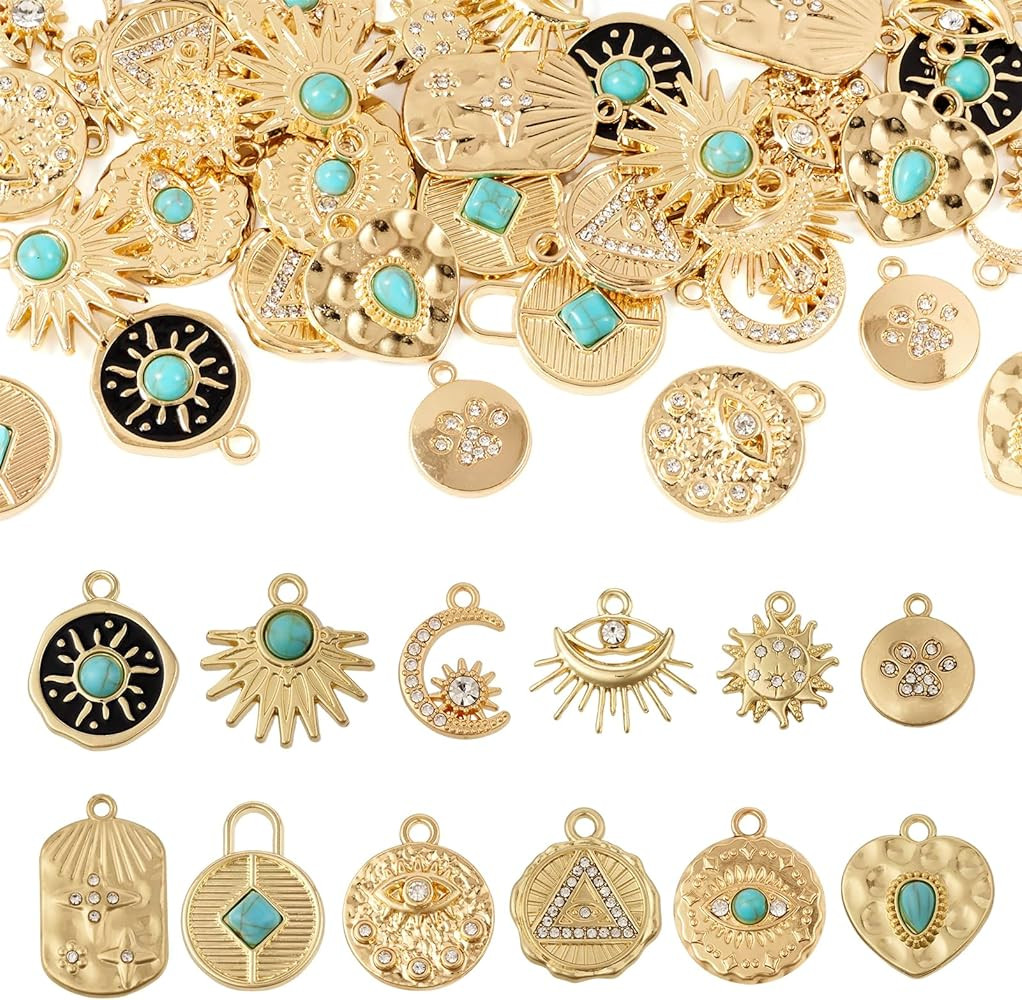 48Pcs Gold Western Charms for Jewelry Making Turquoise Gold Charms Alloy Metal Round Vintage Sun ... | Amazon (US)