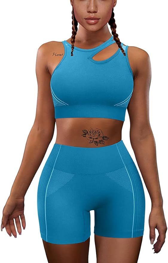 HYZ Women's Workout Yoga 2 Piece Outfits High Waist Sports Shorts Removable Padded Bra Set | Amazon (US)