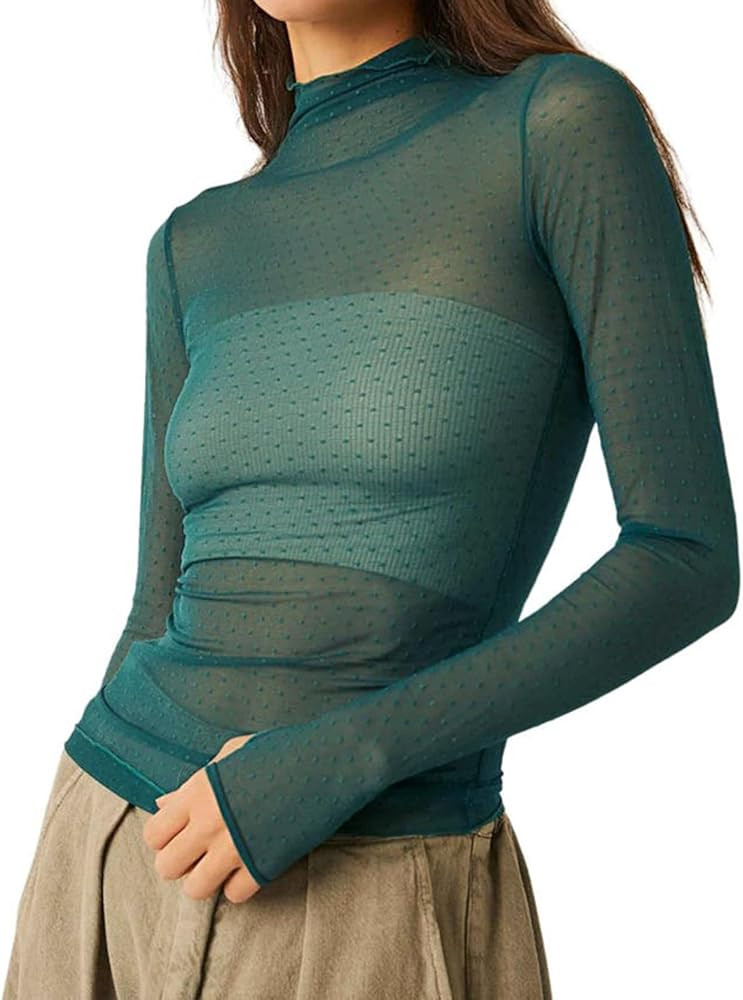 Women Long Sleeve Mesh Floral Crop Tops Mock Neck See Through Layering Tees Shirt Sheer Lace Top | Amazon (US)