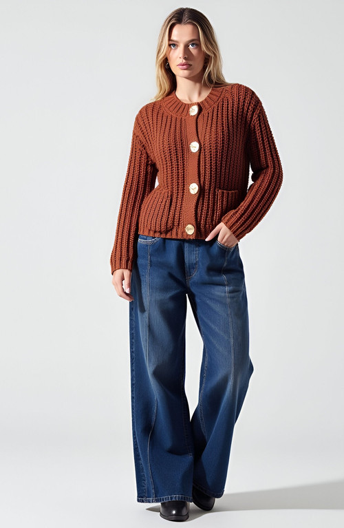 Modenaire Chunky Ribbed Gold-Button Patch-Pocket Cardigan in Rust at Nordstrom, Size Large | Nordstrom