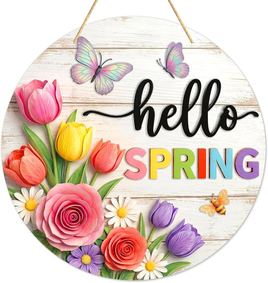 PETCEE Hello Spring Door Sign - 11.5" Welcome Spring Decor Front Door Signs with Floral Print Far... | Amazon (US)