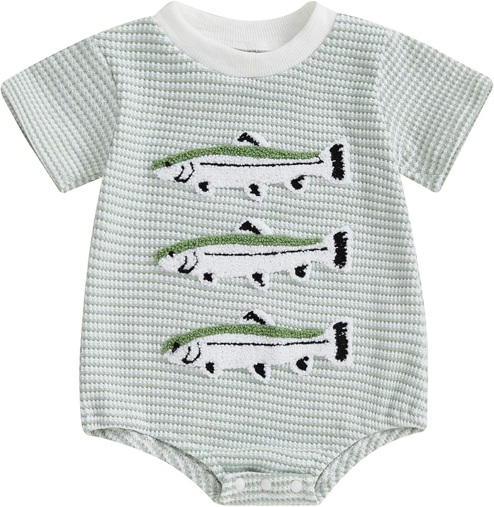 Newborn Baby Boy Summer Romper Striped Fish Embroidery Waffle Bubble Bodysuit Short Sleeve Jumpsu... | Amazon (US)
