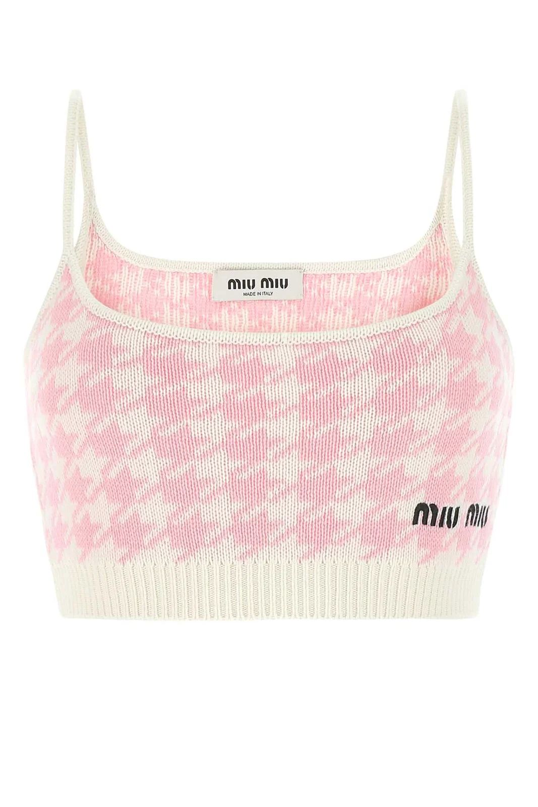 Miu Miu Houndstooth Pattern Logo Embroidered Knitted Top | Cettire Global