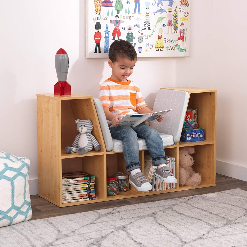 KidKraft Wooden Bookcase with Reading Nook, Storage and Gray Cushion - Natural, Gift for Ages 3-8 | Amazon (US)