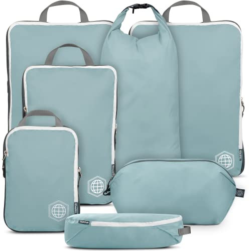 Large Packing Cubes for Travel-Extra Large Compression Luggage Organizers 7 Piece Set-Ultralight, Expandable/Compression Bags for Clothes by TRIPPED Travel Gear (DustyTeal/White) | Amazon (US)