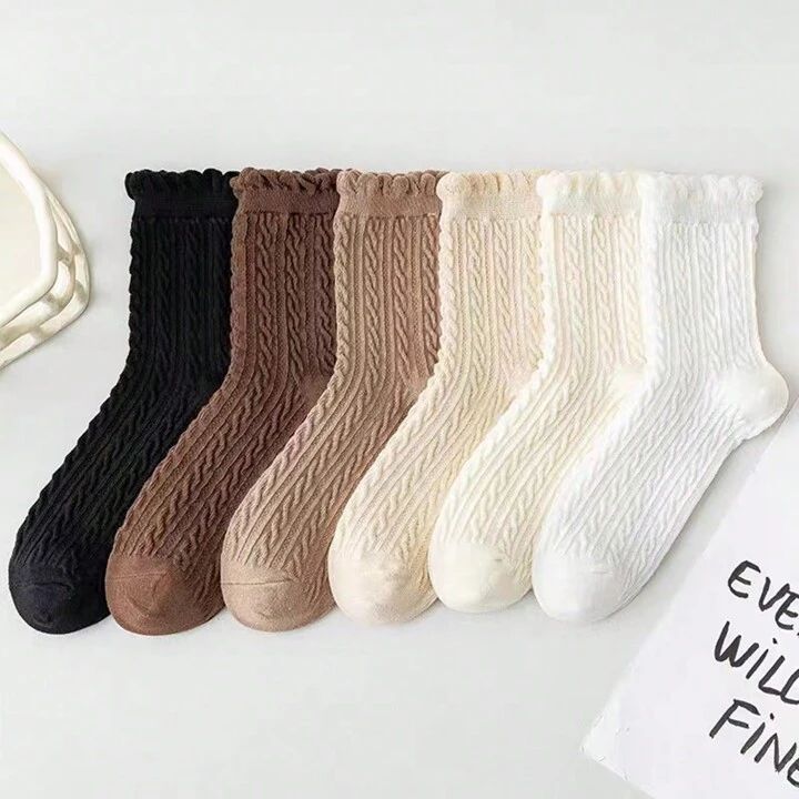 6 Pairs Women's Breathable, Odor-resistant, All-match, Mid-calf Socks With Lace & Twisted Stripes... | SHEIN