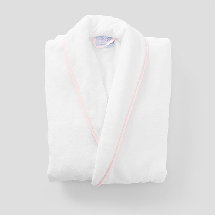 Monogrammable Women's Long Robe in White with Light Pink Piping. Weezie | Weezie Towels