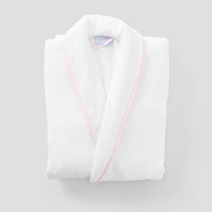 Monogrammable Women's Long Robe in White with Light Pink Piping. Weezie | Weezie Towels