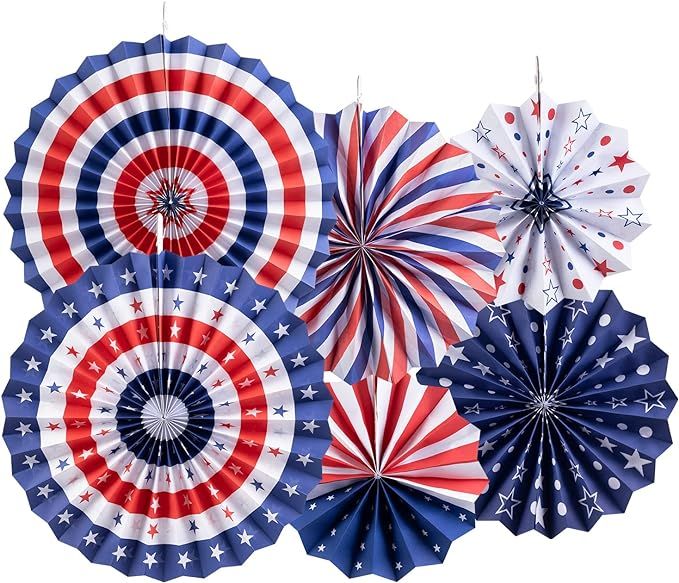 Easy Joy 6 Pcs Patriotic Red, White and Blue Decoration Hanging Party Paper Fans American Flag Pa... | Amazon (US)
