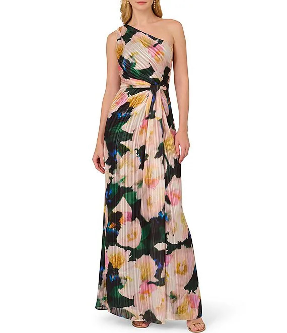 Floral Metallic Satin One Shoulder Sleeveless Twist Waist Gown | Dillard's