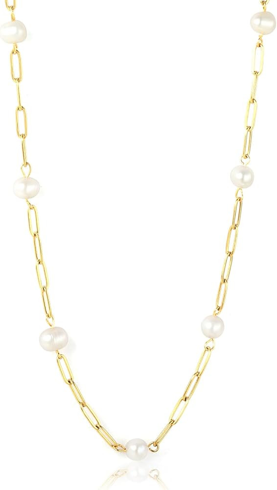 Freshwater Pearl Necklace for Women, 18K Gold Plated Dainty Stainless Steel Paperclip Chain Choke... | Amazon (US)