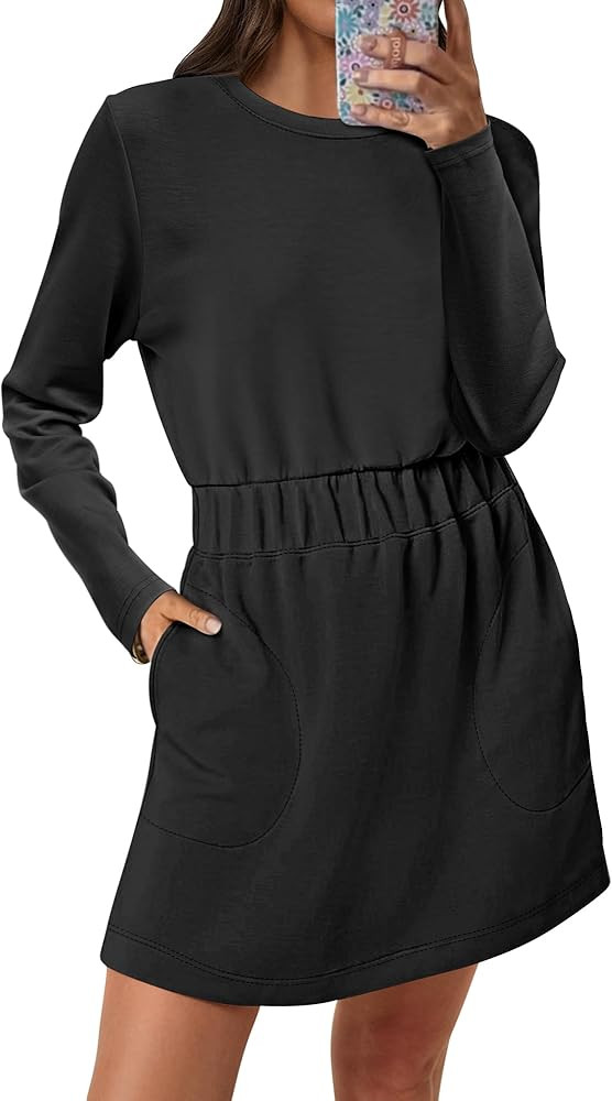 ANRABESS Womens Long Sleeve Dress 2025 Fall Casual Elastic Waist Short Mini T Shirt Dresses with ... | Amazon (US)