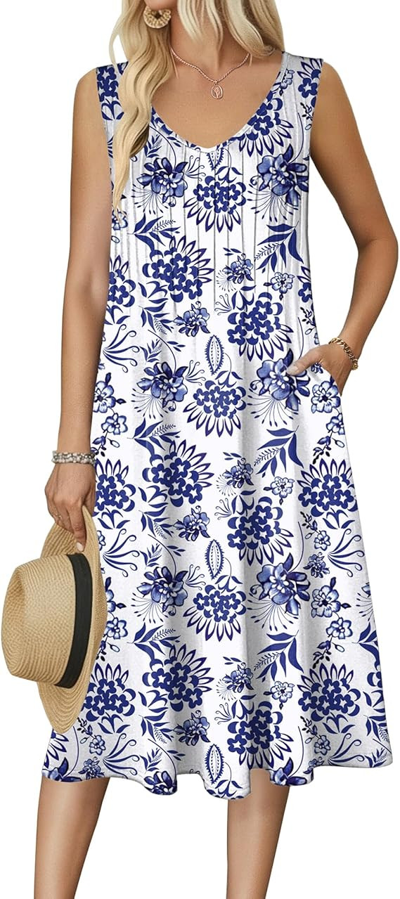 Zeagoo Women Summer Casual Dresses 2026 Sleeveless Midi Pleated Tank Sundress with Pockets V Neck... | Amazon (US)