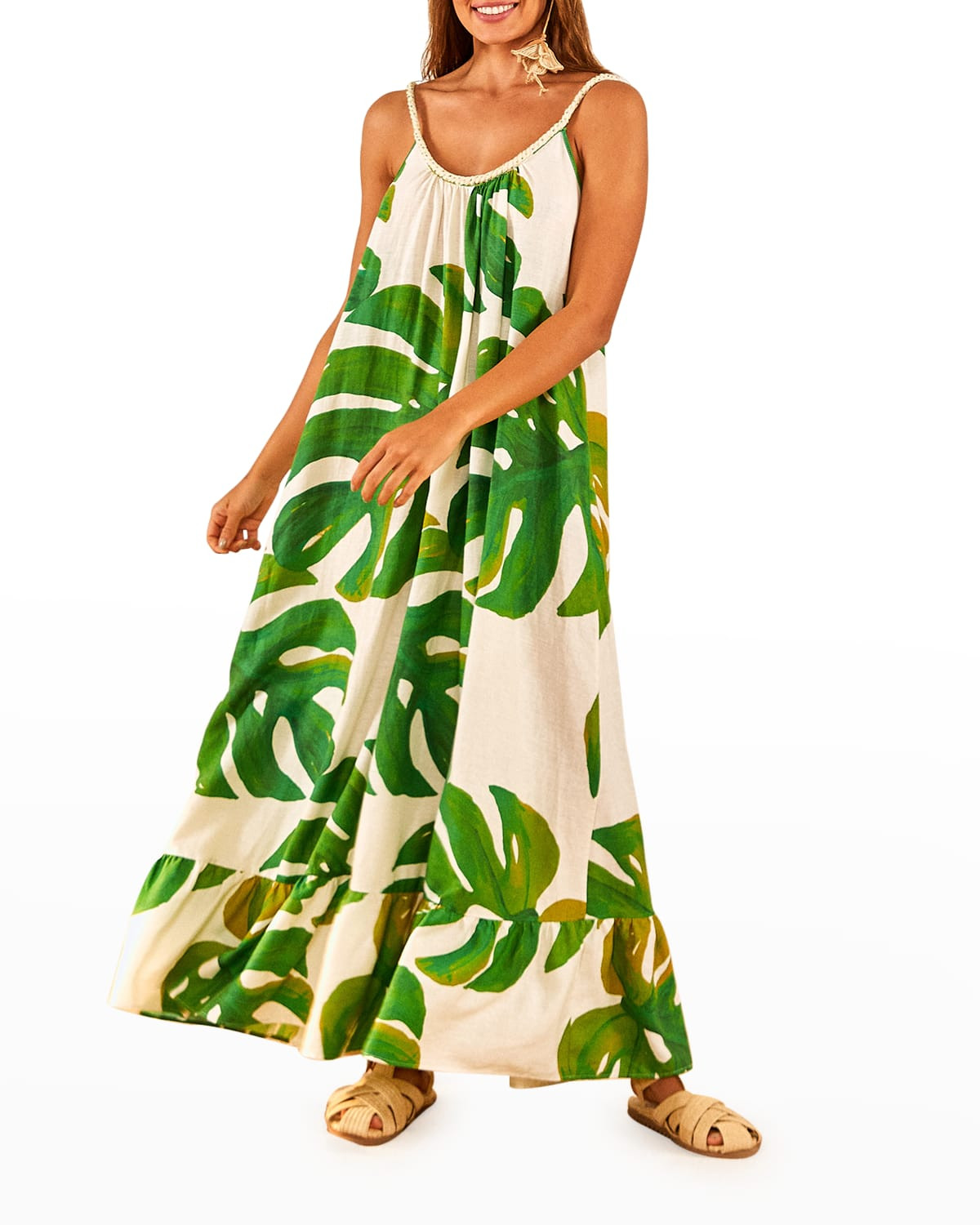 White Monstera Sleeveless Braided-Trim Maxi Dress | Neiman Marcus