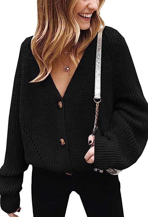 Angashion Women's V Neck Button Down Long Sleeve Cable Knit Cardigan Sweaters Outerwear Tops | Amazon (US)