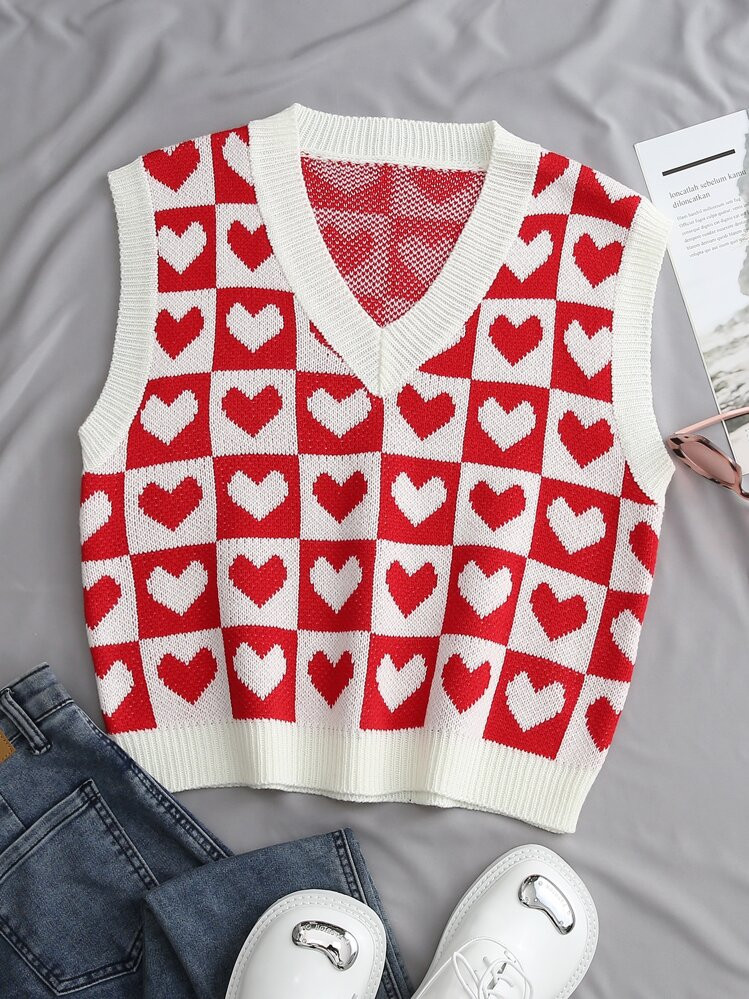 SHEIN Unity Heart & Checker Pattern Sweater Vest For New Year Clothes | SHEIN