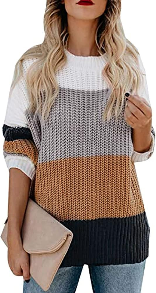 Chigant Women's Round Neck Long Sleeve Soft Pullover Sweater Striped Color Block Tunic Tops Large... | Amazon (US)
