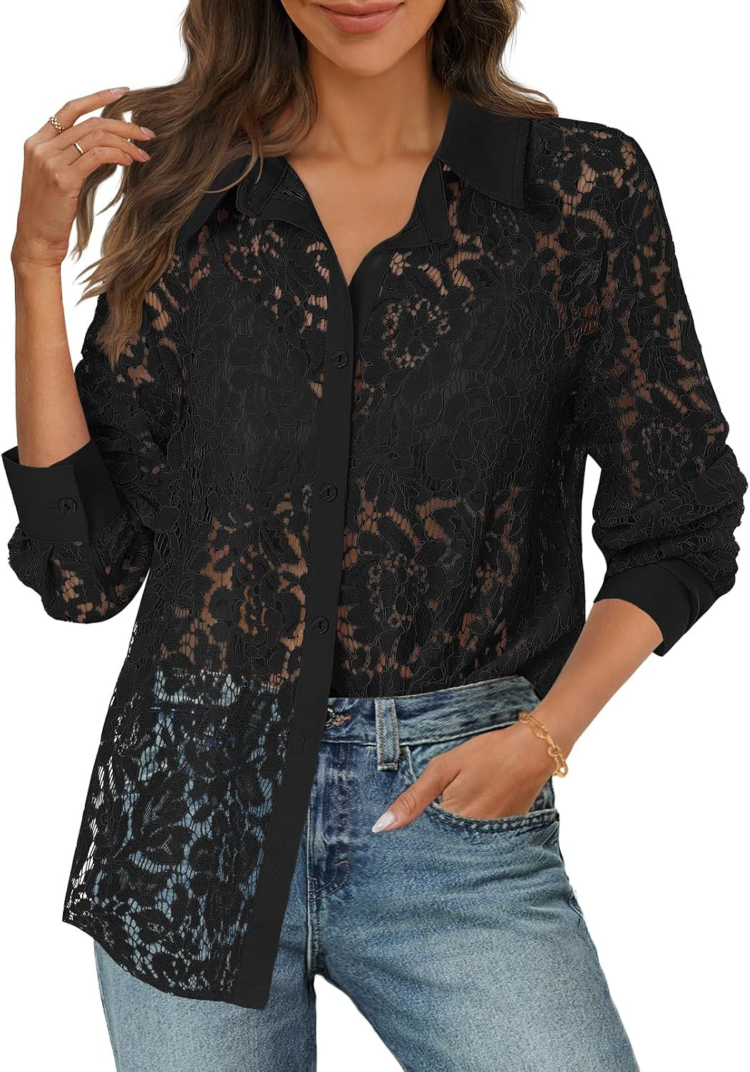 MEROKEETY Women's Lace Long Sleeve Shirts Dressy Casual Tops Sheer Blouses | Amazon (US)
