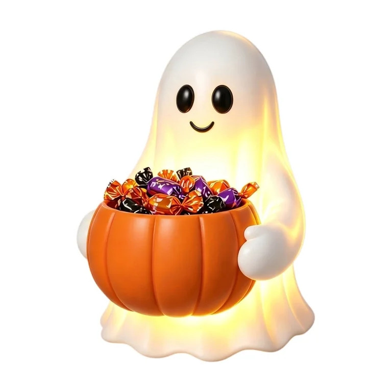 Lighted Halloween Ghost Candy Bowl, Cute LED Ghost Holding Pumpkin Candy Bucket for Trick or Trea... | Walmart (US)