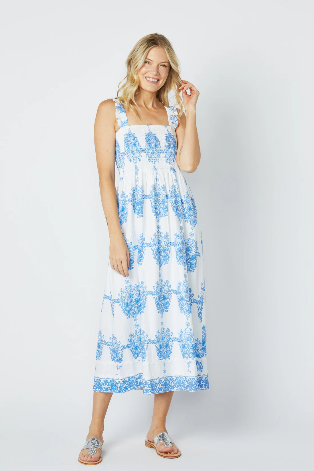 Painted Block Print Smocked Midi Dress | Sail to Sable