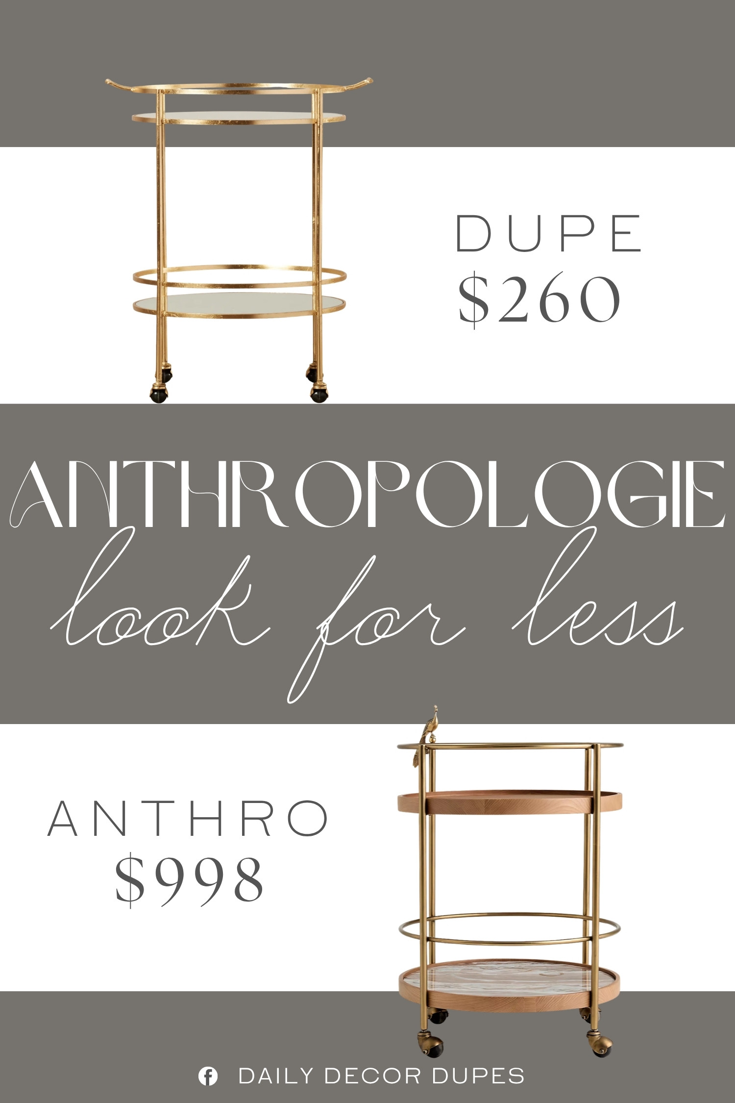 The Anthropologie Ida Marble Peacock Bar Cart combines a warm brass-toned frame, glass shelves, and elegant curved details for a piece that feels decorative even when it is not in use. Perfect for entertaining, this rolling bar cart can display glassware, cocktail essentials, coffee accessories, or favorite decor while adding a stylish focal point to a dining room, living room, or home office. A similar style around $260 compared with the $998 designer version makes this statement piece a more approachable way to add character and function to your space. 🥂🤎✨

Home more affordable option find similar look for less budget friendly affordable cheap cheaper beautiful pretty. Clearance sale coupon code discount code promo code luxury Inspo inspiration inspired by idea ideas Love like these? I share multiple every day in my FB group.
#AnthropologieInspired #BarCart #MarbleBarCart #BrassBarCart #RollingBarCart #HomeBarDecor #DiningRoomDecor #FurnitureFinds 

 #LTKHome