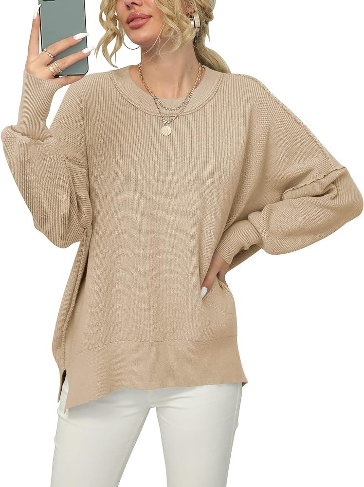 ANRABESS Women's Long Sleeve Oversized Crew Neck Solid Color Side Slit Knit Pullover Sweater Tops... | Amazon (US)