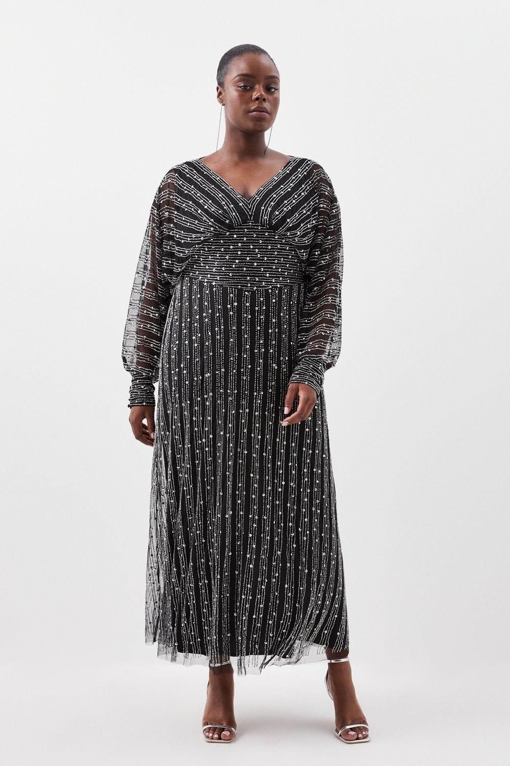 Plus Size Stripe Embellished Plunge Batwing Maxi Dress | Karen Millen UK + IE + DE + NL