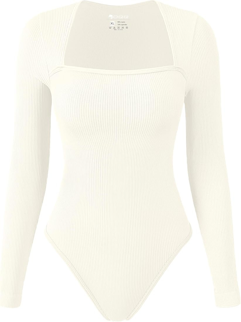 OQQ Women's Bodysuits Sexy Ribbed Square Neck Long Sleeve Tummy Control Casual Fall Bodysuits | Amazon (US)