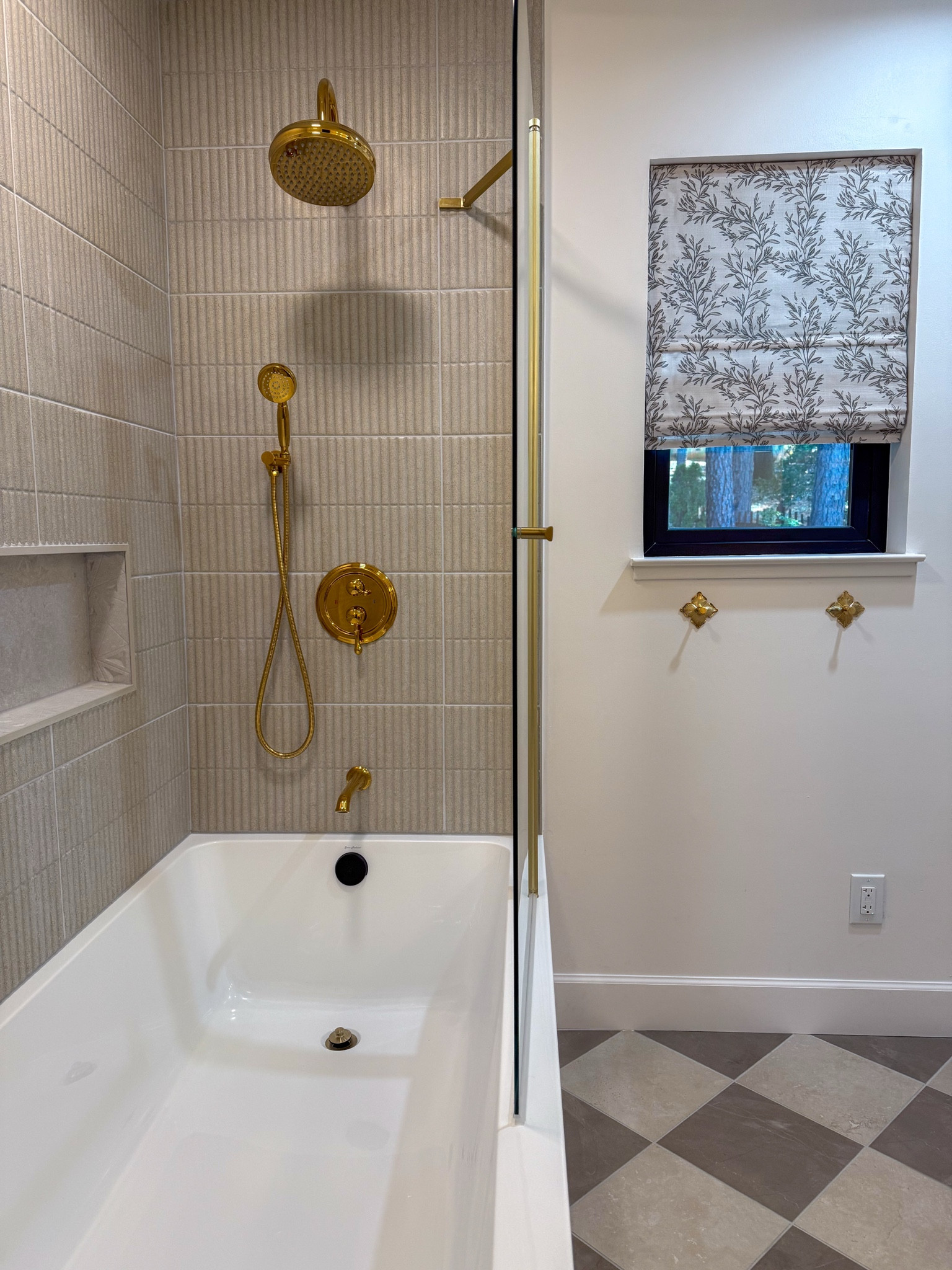 A closer look at the materials that make this bathroom shine — from the shower fixtures to the patterned Roman shade, every detail is thoughtfully considered. 

 #LTKHome