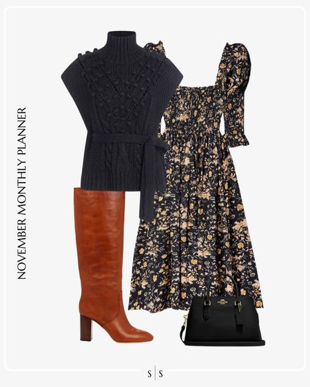 Monthly outfit planner: NOVEMBER Fall and Winter looks | floral midi dress, sleeveless sweater popover, Goldy Knee high boot, black handbag, date night, Thanksgiving outfit

See the entire calendar on thesarahstories.com ✨


#LTKstyletip
