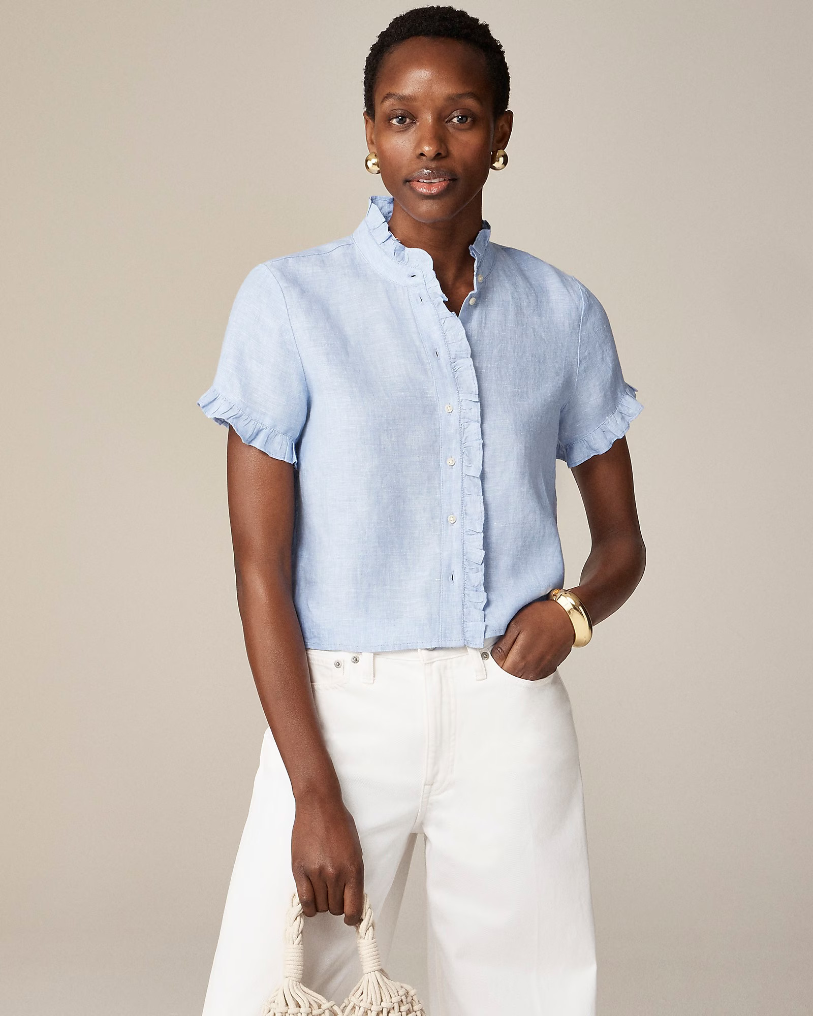 Ruffle-trim button-up shirt in linen | J. Crew US