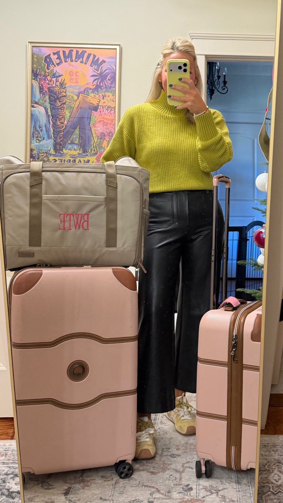 NYC travel day!! 
Sweater is old Walmart but linking similar 
Pants are my fav faux leather from Anthro 
Sneakers are Amazon 
Luggage is delsey and half day 

#LTKTravel #LTKHoliday #LTKootd