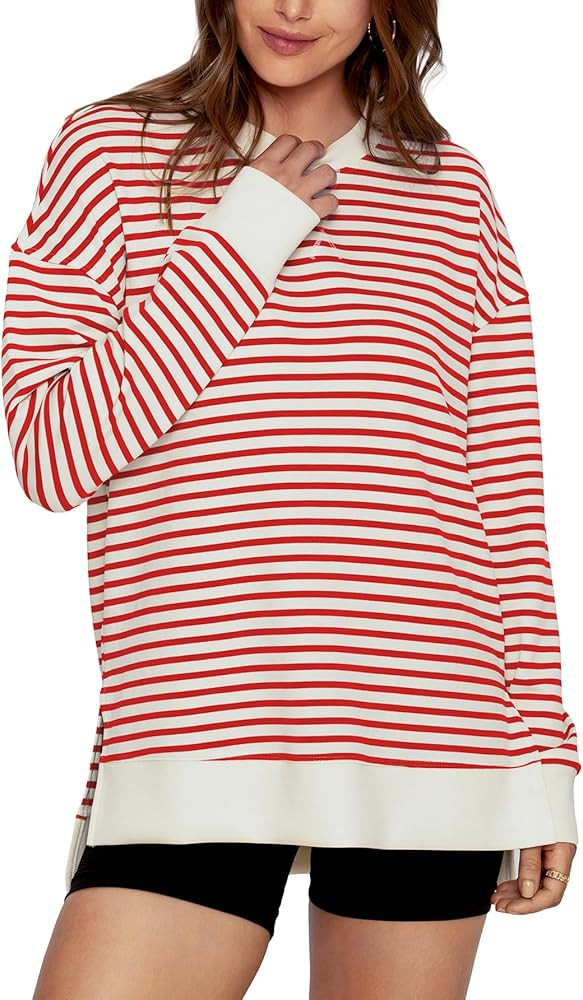 Simplee Womens Sweatshirt Long Sleeve Crewneck Striped Sweatshirt for Women 2024 Trendy Fall Tops... | Amazon (US)