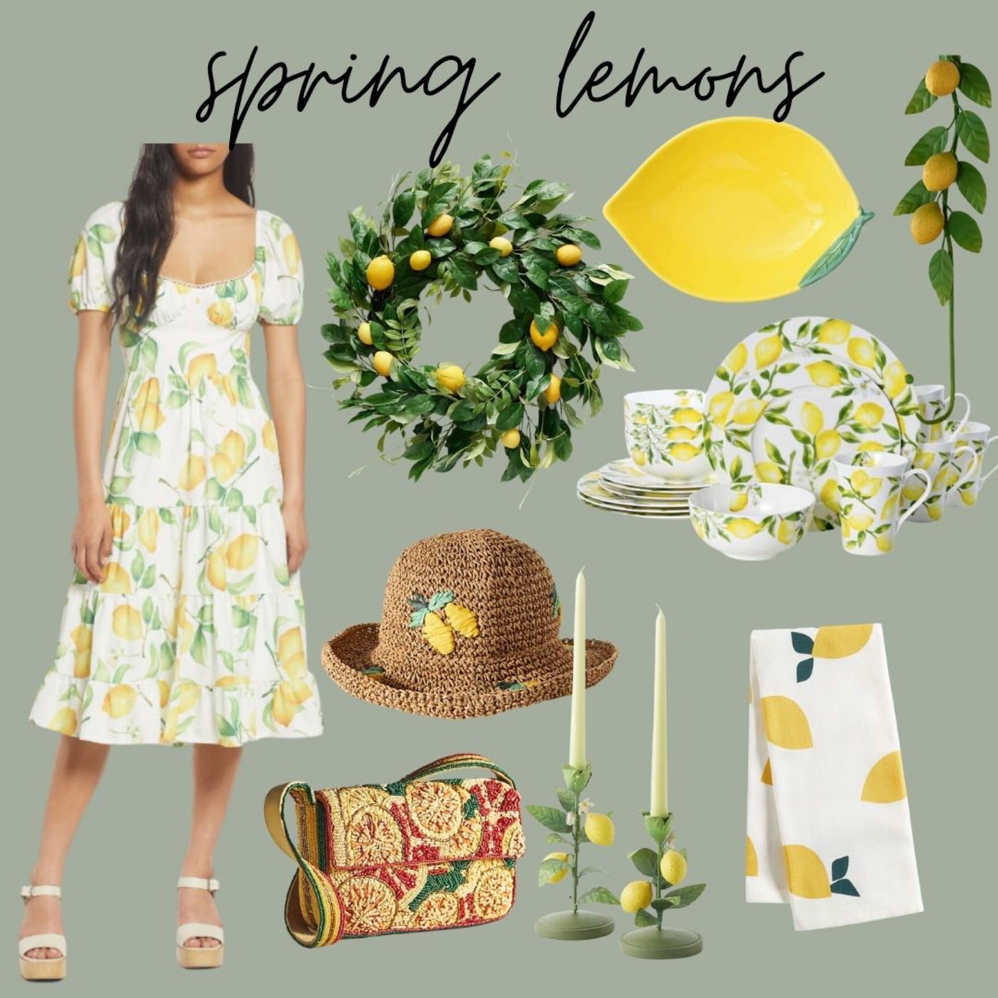 Spring lemon decor
Hand towels 
Lemon candlesticks 
Lemon dishes 
Lemon bowl 
Lemon door hanger 
Lemon dress 
Lemon purse 
Lemon wreath
Lemon hat 

#LTKstyletip #LTKhome
