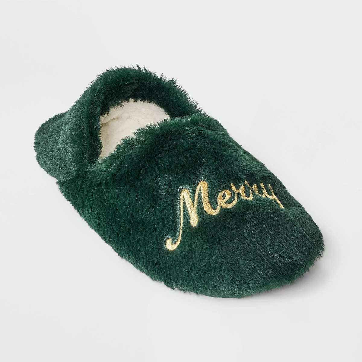 Adult Embroidered 'Merry' Faux Fur Christmas Slipper Socks with Grippers - Wondershop™ Green | Target