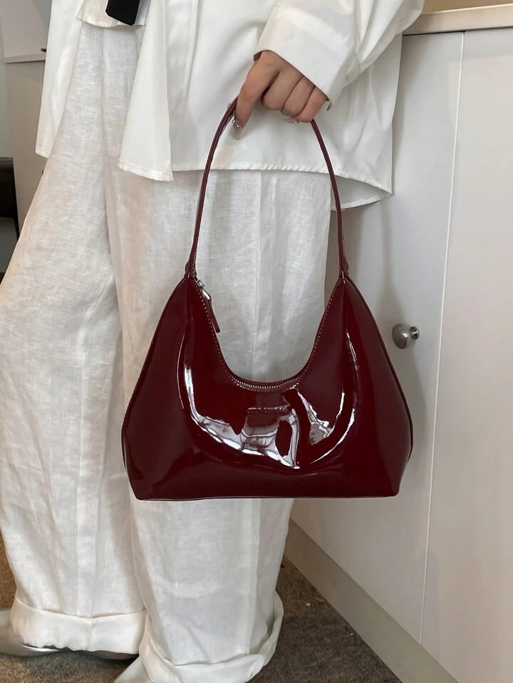 Korean Style Minimalistic Red Lacquered Baguette Crescent Shoulder Bag For Women, Premium Handbag | SHEIN