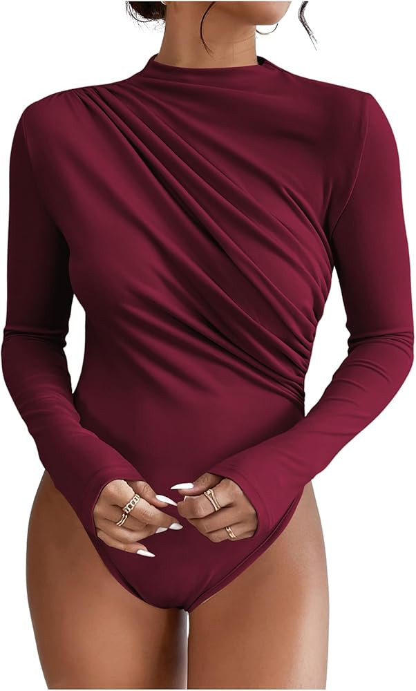 SweatyRocks Women's Bodysuit Mock Neck Casual Ruched Long Sleeve Jumpsuit | Amazon (US)