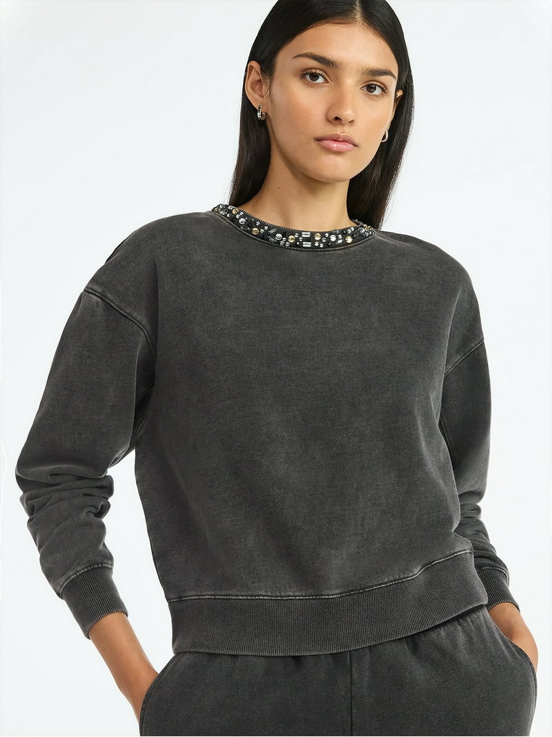 Scoop Women’s and Women's Plus Mineral Washed Rhinestone Crewneck Sweatshirt, Sizes XS-4X | Walmart (US)