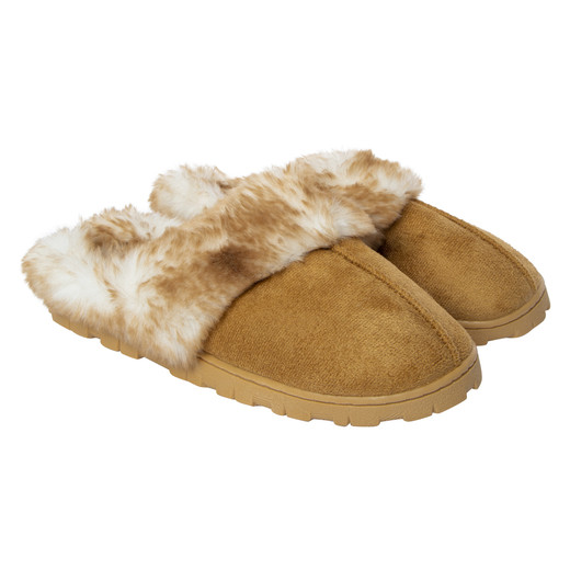 ladies tan lug sole faux fur scuff slippers | Five Below