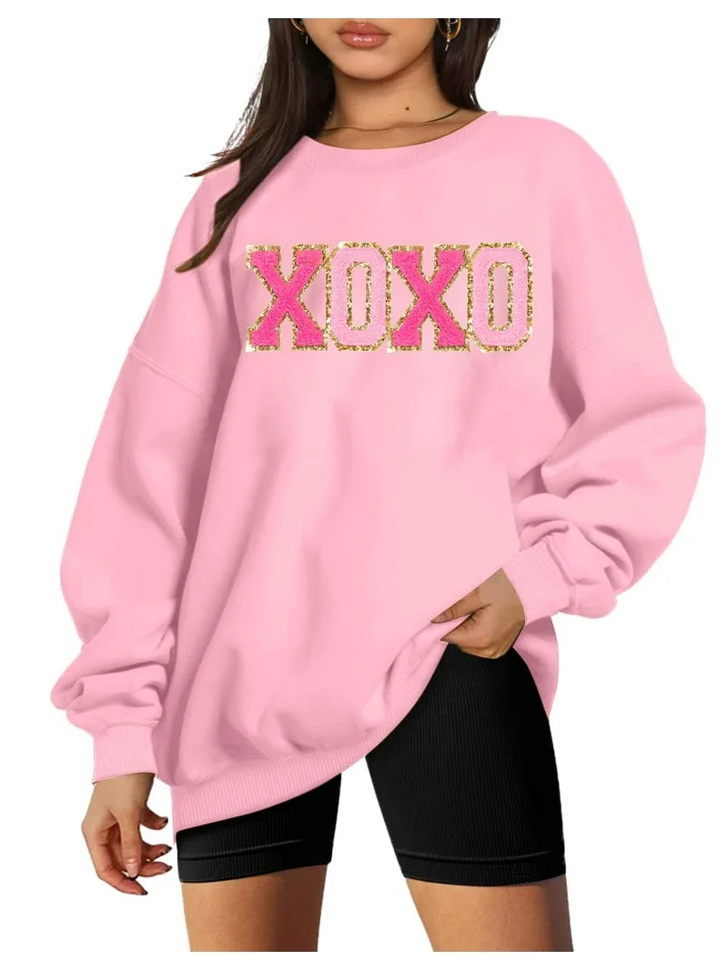 KimSoong Women Valentine's Day Sweatshirt Oversized XOXO Patch Love Heart Long Sleeve Tops Crew N... | Walmart (US)