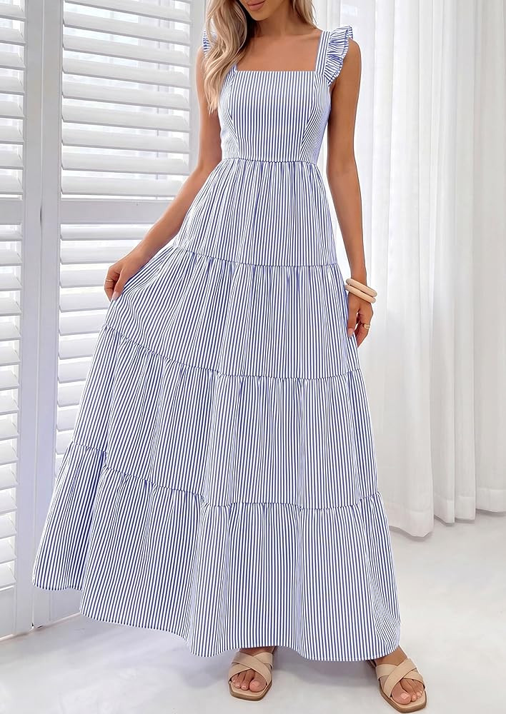 PRETTYGARDEN Womens 2026 Summer Casual Maxi Dresses Striped Square Neck Sleeveless Boho Flowy Sun... | Amazon (US)