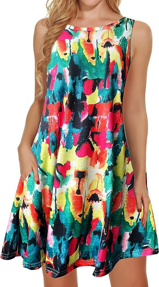 Summer Dresses for Women Beach Floral Tshirt Sundress Sleeveless Pockets Casual Loose Tank Dress | Amazon (US)