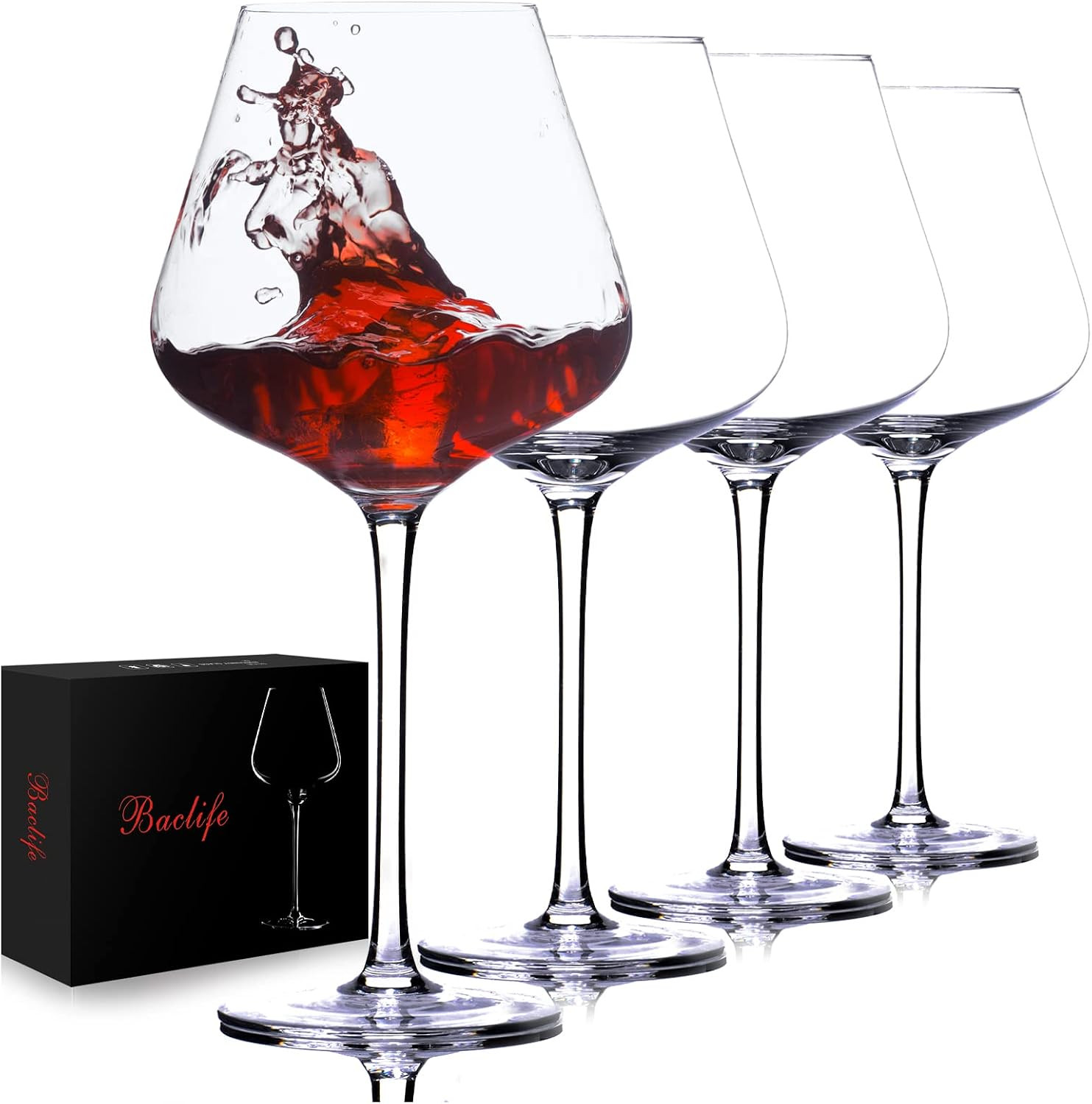 BACLIFE Hand Blown Red Wine Glasses Set of 4 – 23 oz Burgundy Wine Glasses With Long Stem – Lead-Free Premium Crystal Wine Glass – Unique Gift for Wedding, Anniversary, Christmas – Clear | Amazon (US)