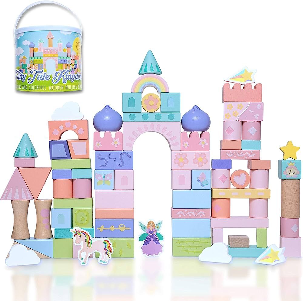 Cheetoys Large Wooden Blocks Set 80pcs - Girls Fairytale Kingdom Castle with Unicorn and Fairy, Colored Wooden Building Blocks for Kids and Toddlers Montessori Toys for Ages 3-8 | Amazon (US)