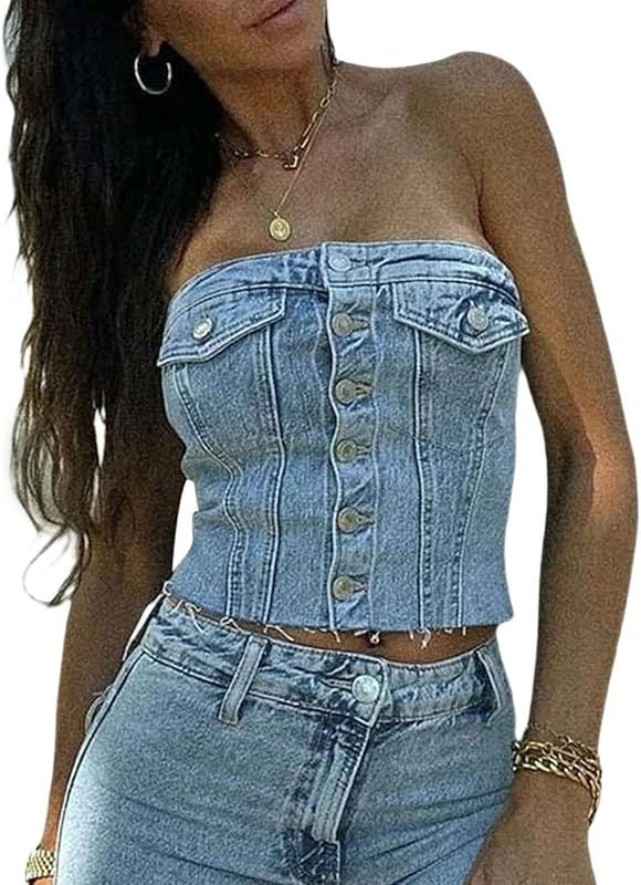 Sunloudy Women Denim Push Up Bustier Tube Top Strapless Button Up Corset Off Shoulder Crop Top St... | Amazon (US)